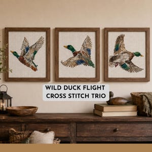 Wild Duck Flight Cross Stitch Trio Pattern, Wild Duck Patterns, Digital Download Counted Cross Stitch Pattern, 3 Mallard Ducks Home Decor