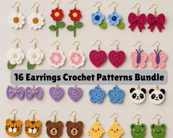 16 Crochet Earrings Patterns Bundle, Floral Earrings Patterns, Summer Themed Earrings, Modern Crochet Earring Designs, Crochet Leaf Earrings