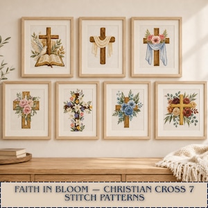 Puede incluir: Una colección de siete patrones de punto de cruz enmarcados titulados Faith in Bloom - Christian Cross 7 Stitch Patterns. Cada impresión presenta una cruz de madera decorada con diversos arreglos florales, una paloma blanca o tela drapeada.