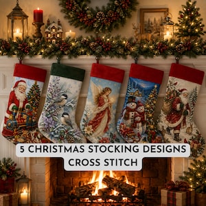 5 Christmas Stocking Designs Cross Stitch Bundle, Embroidery Christmas Socks, Santa Stocking Pattern PDF Tutorial