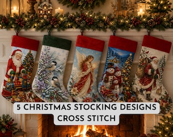 5 Christmas Stocking Designs Cross Stitch Bundle, Embroidery Christmas Socks, Santa Stocking Pattern PDF Tutorial