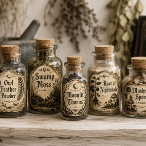 May include: Five clear glass apothecary bottles with cork stoppers, each featuring a vintage-style label. The labels are printed with the text: Owl Feather Powder, Swamp Moss, Moonlit Thorns, Root of Nightshade, and Mushroom Spores, along with illustrations.