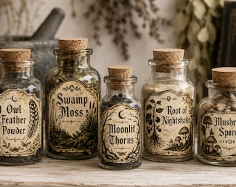 May include: Five clear glass apothecary bottles with cork stoppers, each featuring a vintage-style label. The labels are printed with the text: Owl Feather Powder, Swamp Moss, Moonlit Thorns, Root of Nightshade, and Mushroom Spores, along with illustrations.
