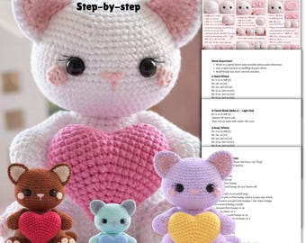 Kitty with Heart Crochet Pattern, Crochet Cat, Amigurumi Cat pdf, Cat Lover Gift, Low Sew Amigurumi, Kitty Amigurumi Crochet Pattern