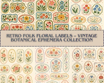 Retro Folk Floral Labels for Junk Journals, Vintage Botanical Ephemera Collection, Folk Art PNG, Vintage Floral Ephemera