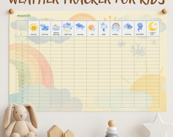 May include: A weather tracker for kids with the text "WEATHER TRACKER FOR KIDS" at the top. The tracker has weather icons and a grid for tracking the weather. A stuffed bunny, wooden houses, a wooden stacking toy, and a star are on a wooden shelf below.