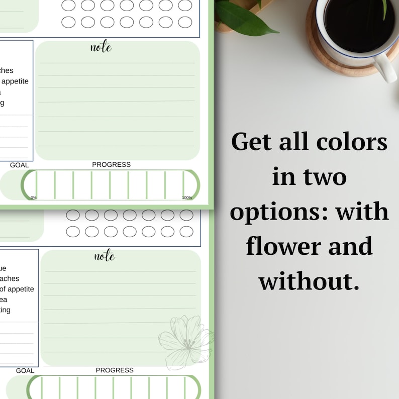 May include: A light green planner with sections for notes, goals, and progress tracking. The planner includes a flower graphic and the text "Get all colors in two options: with flower and without."