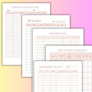 May include: A stack of beige and white printable financial planning sheets. The sheets include titles such as "Monthly Savings Tracker", "Bill Tracker", "Spending Log", "Debt Snowball Worksheet", and "Subscription Tracker". The sheets have a minimalist design.