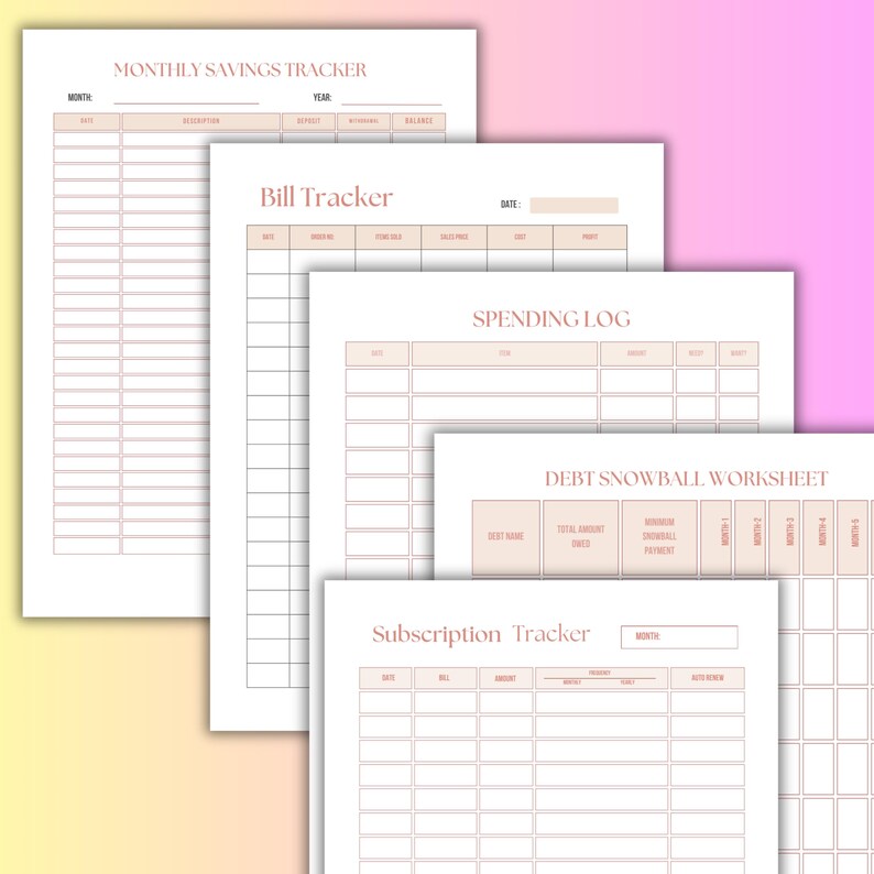 May include: A stack of beige and white printable financial planning sheets. The sheets include titles such as "Monthly Savings Tracker", "Bill Tracker", "Spending Log", "Debt Snowball Worksheet", and "Subscription Tracker". The sheets have a minimalist design.