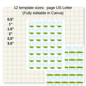 May include: Circular label templates with a landscape design, available in sizes from 1.27 cm to 8.89 cm. The text "12 template sizes: page US Letter (Fully editable in Canva)" is displayed at the top.