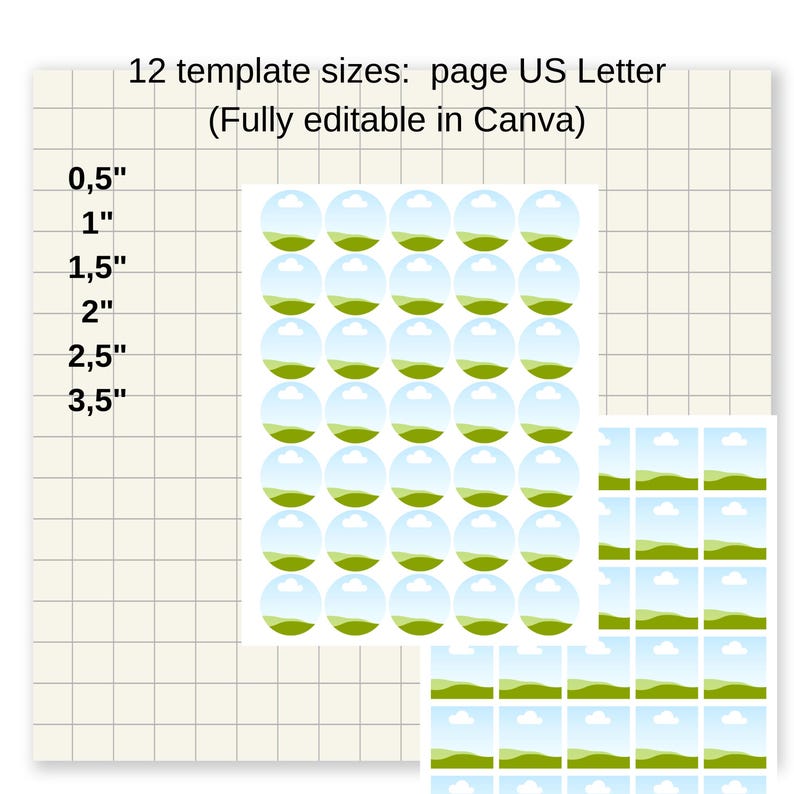 May include: Circular label templates with a landscape design, available in sizes from 1.27 cm to 8.89 cm. The text "12 template sizes: page US Letter (Fully editable in Canva)" is displayed at the top.