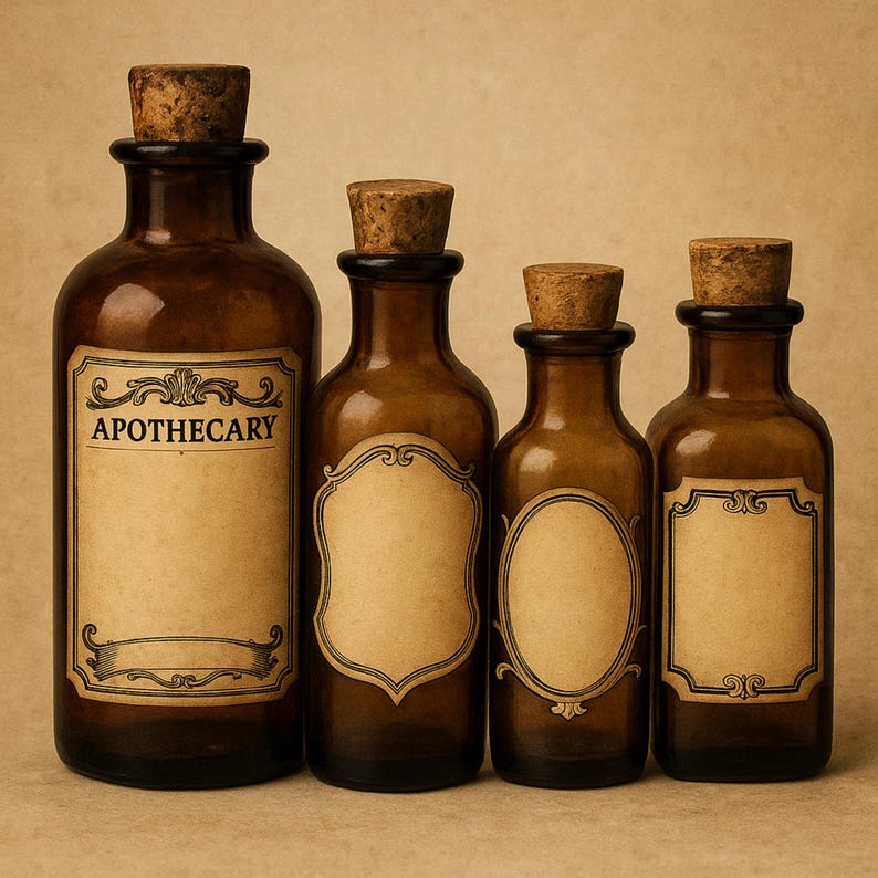 May include: Four brown apothecary bottles of varying sizes with cork stoppers. The largest bottle has a label that reads "APOTHECARY". Each bottle has a blank label for customization. The bottles are arranged in a row against a neutral background.