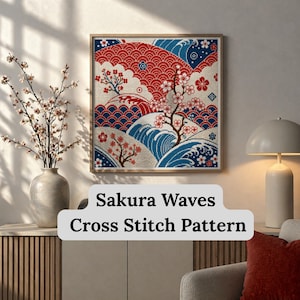 May include: A framed cross-stitch pattern with a Japanese theme. The design includes red, white, and blue waves and cherry blossoms. The text "Sakura Waves Cross Stitch Pattern" is displayed below the artwork.