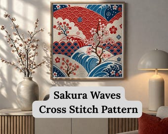 Sakura Waves Cross Stitch Pattern, Japanese Wall Art, Traditional Japanese Cross Stitches Art, Sakura Cross Stitch, Japanese Cherry Blossom