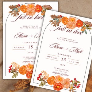 Editable Fall Wedding Invitation Template: Marsala Floral Design (Canva Digital Download