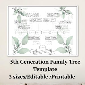 Peut inclure: Un modèle d'arbre généalogique encadré sur fond blanc, avec un diagramme détaillé de l'arbre généalogique. Le design comprend des feuilles vertes de style aquarelle et le texte "The Thompson Family". Le texte inférieur indique "5th Generation Family Tree Template".