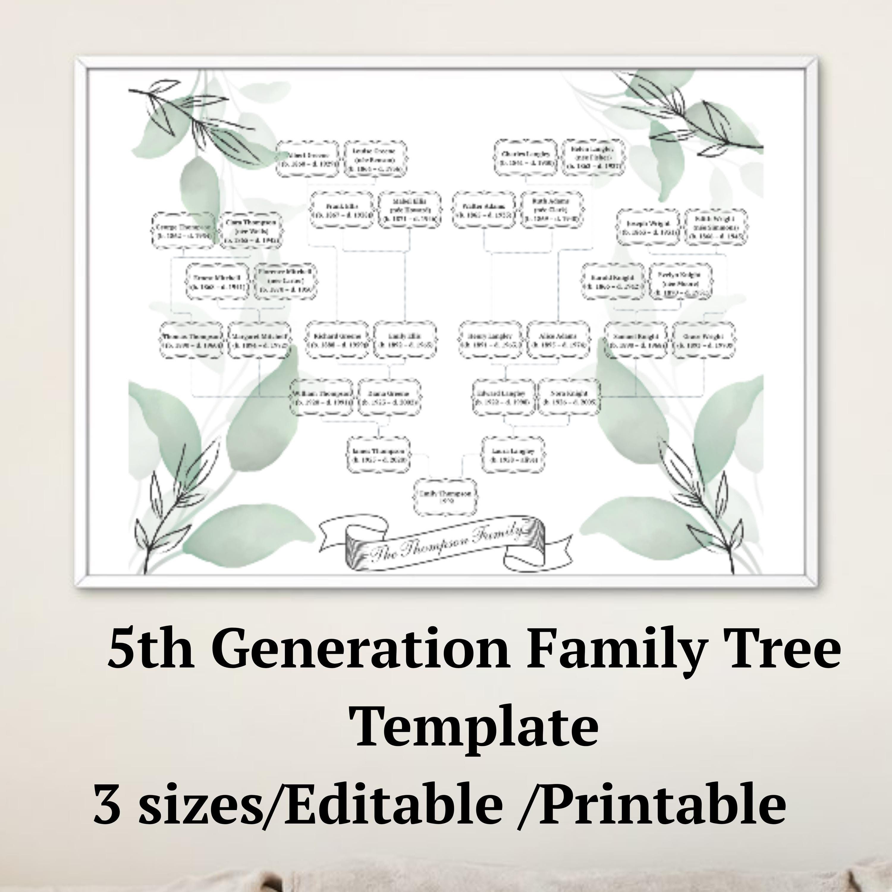 Editable Family Tree Template for 5 Generations, Family Tree Chart, Family History Chart, Genealogy Chart, Family Reunion Gift, Tree of Life
