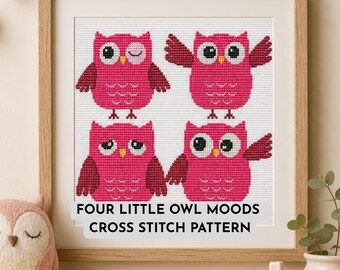 4 Little Owl Moods Cross Stitch Patterns, Mood Temperature Owl Patterns, Printable PDF Embroidery Pattern, Mood Cross Stitch