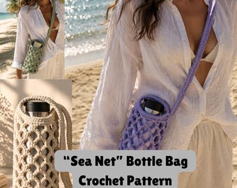 Sea Net Bottle Bag Crochet Pattern, DIY Water Bottle Holder Crochet Pattern, Crochet Bottle Holder For Wine, Beach Water Crochet Carrier