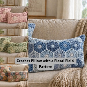 May include: A collection of crochet pillows in various colors, including pink, green, and blue. Each pillow features a floral field pattern. The pillows are rectangular and appear to be handmade.