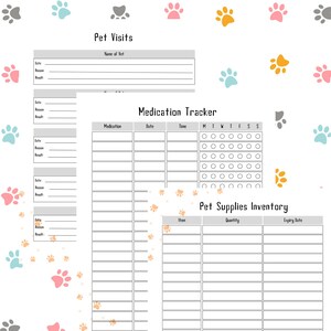 May include: A white pet care planner with sections for pet visits, medication tracking, and pet supplies inventory. The planner includes spaces to record dates, reasons, and results. Paw prints in various colors decorate the background.