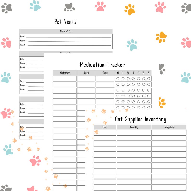 May include: A white pet care planner with sections for pet visits, medication tracking, and pet supplies inventory. The planner includes spaces to record dates, reasons, and results. Paw prints in various colors decorate the background.