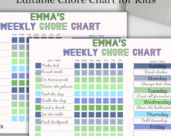 May include: Two printable chore charts for kids. The charts are titled "EMMA'S WEEKLY CHORE CHART" and include daily and weekly tasks. The charts are in shades of blue, green, and purple, with the text "Editable Chore Chart for Kids" at the top.