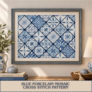 May include: A framed wall art piece featuring a blue and white porcelain mosaic cross stitch pattern. The artwork is displayed in a weathered blue wooden frame with a gold inner border, showcasing a grid of intricate floral and geometric motifs.
