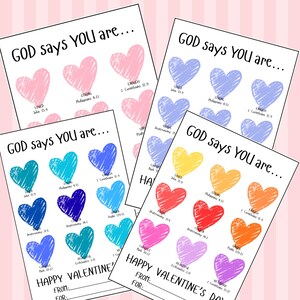 May include: A collection of Valentine's Day cards with colorful heart illustrations. Each card features the phrase "GOD says YOU are..." and various affirmations like "LOVED" and "STRONG", along with Bible verses. The cards are decorated with a pink background.