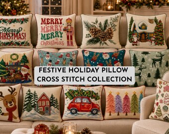 Festive Holiday Pillow Cross Stitch Collection, Merry Christmas 2026 Pillow Case Embroidery Patterns, Modern Xmas Minimalist Chart Decor