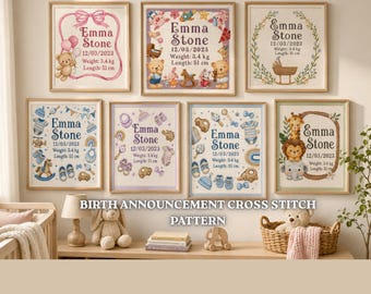Boy and Girl Birth Announcement Cross Stitch Pattern, Safari Animals Baby Counted Cross Stitch, Customized Baby Announcement Embroidery