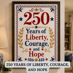 Op de afbeelding: Ingelijst kruissteekkunstwerk met de tekst "250 Years of Liberty, Courage, and Hope". Het ontwerp heeft rode en blauwe tekst, gouden accenten en een decoratieve rand. Het kunstwerk zit in een donkerbruine lijst.
