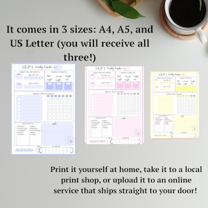 May include: Three printable GLP-1 weekly tracker sheets in blue, pink, and yellow. Each sheet includes sections for injection day notes, weekly check-in, weekly health goals, and side effects. The text reads "It comes in 3 sizes: A4, A5, and US Letter".