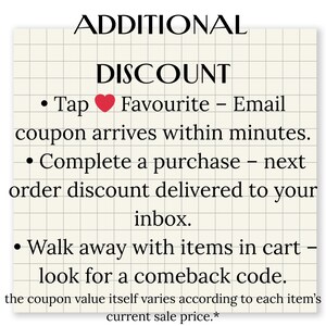 May include: A promotional graphic on a grid-lined paper background. The text reads "ADDITIONAL DISCOUNT" with bullet points explaining how to get discounts: favouriting, completing a purchase, and leaving items in the cart to receive a code.