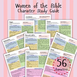 Peut inclure: Plusieurs guides d'étude colorés intitulés "Women of the Bible Character Study Guide". Les guides présentent des informations sur diverses femmes bibliques, notamment Hagar, Bathsheba et Sarah. Le nombre "56 characters" est également visible.