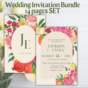 May include: Wedding invitation bundle with floral and fruit illustrations. The design includes the names JACKSON & EMMA, the date, and location. The text reads "Wedding Invitation Bundle 14 pages SET".