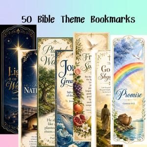 50 Bible Theme Bookmarks, Printable Religion Bookmarks, Christian Bookmark Quotes Bundle, Church Printable Set, Bible Verse Bookmark Set