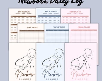 May include: A collection of newborn baby planners and trackers. The image shows a variety of pages, including baby health logs, sleep trackers, and pumping trackers. The covers feature a line drawing of a baby and the words "Newborn Planner".