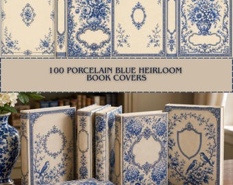 100 Porcelain Blue Heirloom Book Covers, Porcelain Meadow Book Cover, Elegant Book Covers, Blue Porcelain Printable Digital Book Covers