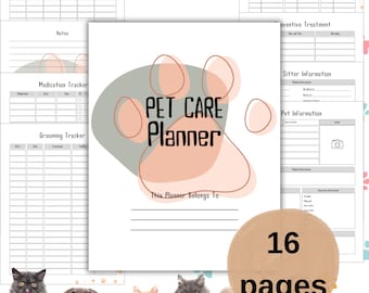 Agenda imprimable pour les soins des animaux de compagnie, suivi de la santé, informations sur le gardien d'animaux (PDF de 16 pages)