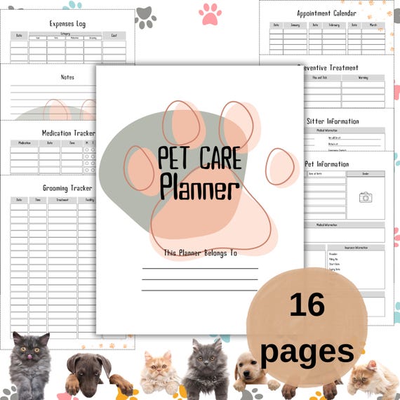 Printable Pet Care Planner, Health Tracker, Pet Sitter Info (16-Page PDF)