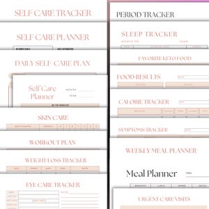 May include: A collection of printable planner pages with headings in a soft, neutral color palette. The pages include trackers for self-care, period, sleep, food, calories, symptoms, workouts, weight loss, and eye care. The text is in a delicate, feminine font.