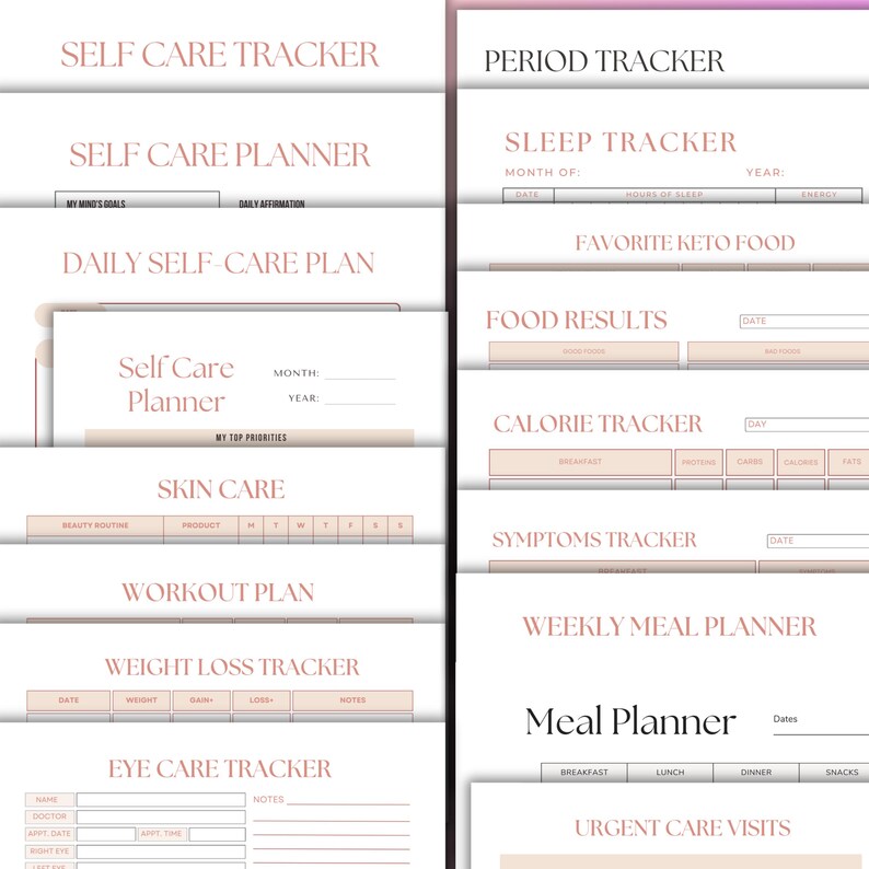 May include: A collection of printable planner pages with headings in a soft, neutral color palette. The pages include trackers for self-care, period, sleep, food, calories, symptoms, workouts, weight loss, and eye care. The text is in a delicate, feminine font.