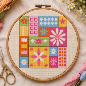 Patrón de punto de cruz de flores en PDF, tejido de flores en punto de cruz, esquema de punto de cruz de flores de temporada, punto de cruz bohemio, costura
