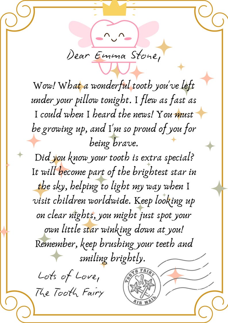 Tooth Letters Design Personalized Tooth Fairy Letter Template: Keepsake Note (digital ...
