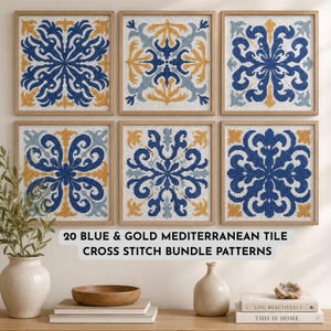 May include: Six square framed cross stitch patterns featuring blue and gold symmetrical tile designs. The text 20 BLUE & GOLD MEDITERRANEAN TILE CROSS STITCH BUNDLE PATTERNS is displayed below the frames, which are arranged in two rows of three.