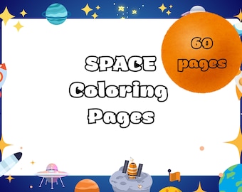 May include: A colorful illustration for a space-themed coloring book. The image features a white rectangle with the words "SPACE Coloring Pages" in black. An orange circle with "60 pages" is on the right, with rockets and planets.