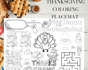 Puede incluir: Un mantel individual para colorear con temática de Acción de Gracias para niños. El mantel individual presenta un pavo, un laberinto y las palabras "Happy Thanksgiving" y "Thanksgiving Coloring Placemat". También hay ilustraciones de un barco, una cornucopia y una pareja de peregrinos.