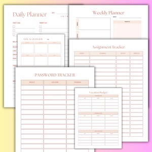 May include: A collection of printable planner pages in a soft pink and white color scheme. The pages include a daily planner, weekly planner, annual overview, password tracker, assignment tracker, and vacation budget. The text is in a delicate, feminine font.