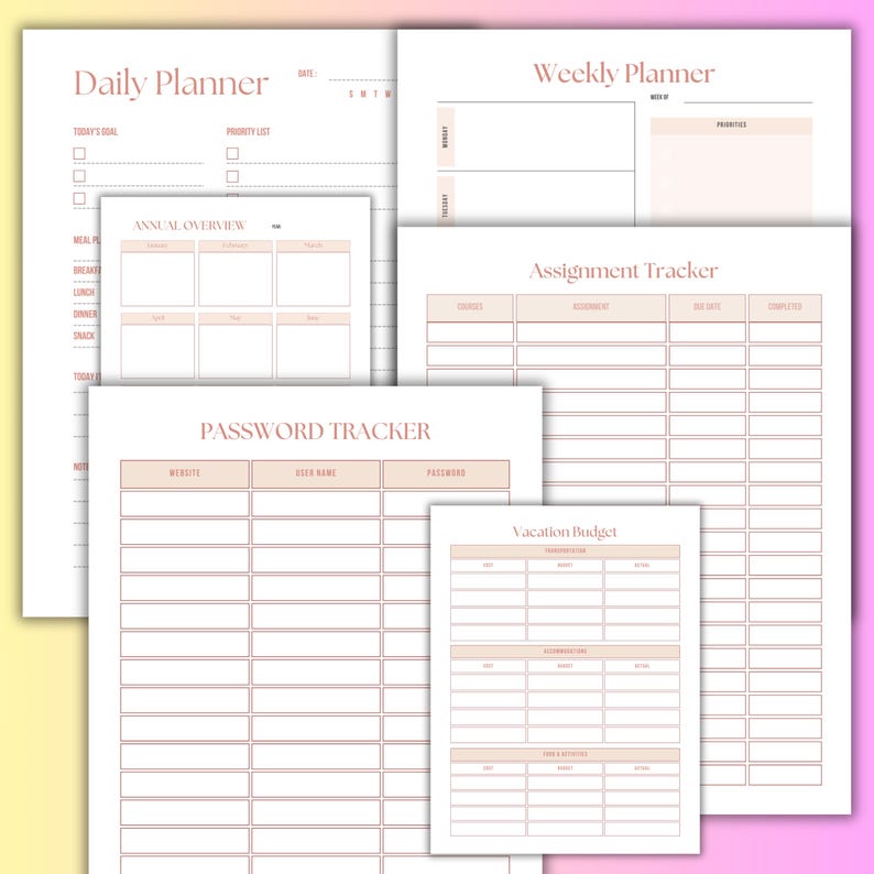 May include: A collection of printable planner pages in a soft pink and white color scheme. The pages include a daily planner, weekly planner, annual overview, password tracker, assignment tracker, and vacation budget. The text is in a delicate, feminine font.